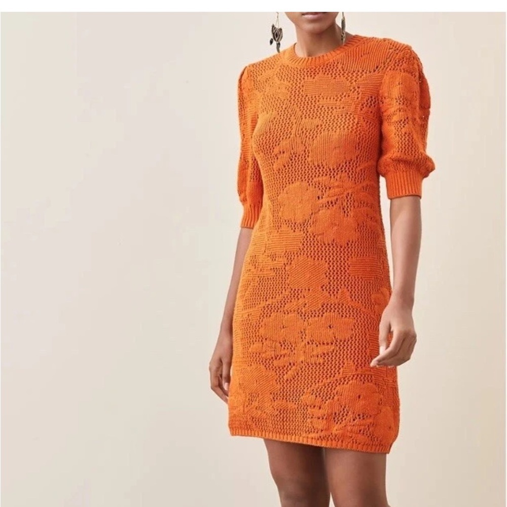 Anthropologie Maeve Pointelle Knit Orange Short Sleeve Mini Dress Size XS NWT